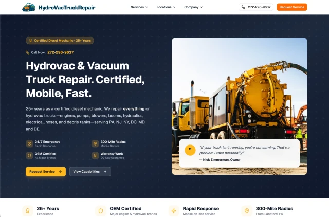 Hydrovac company website built by Apaya