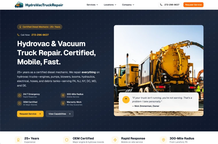Hydrovac company website built by Apaya