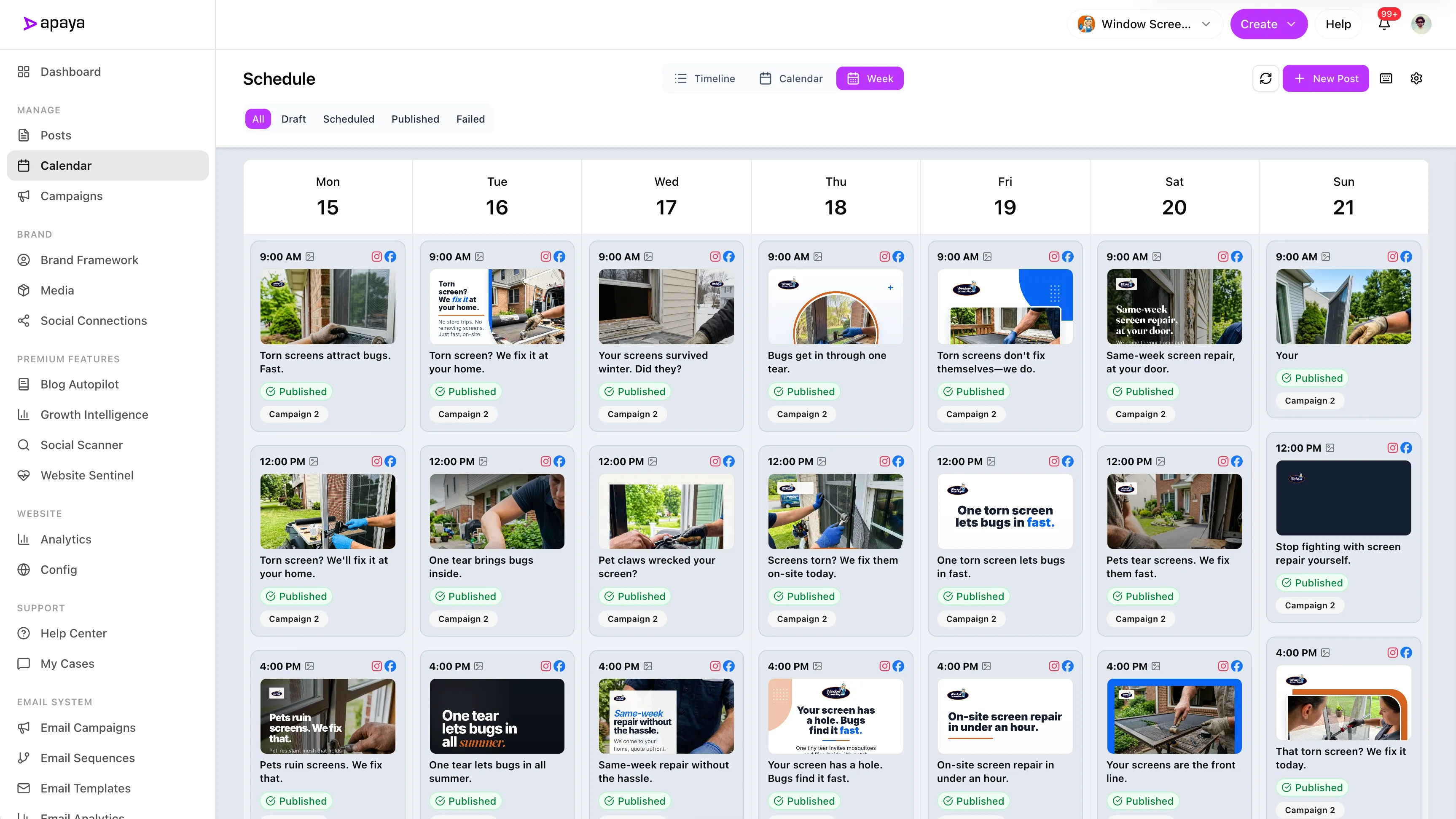 Apaya's social media scheduling calendar