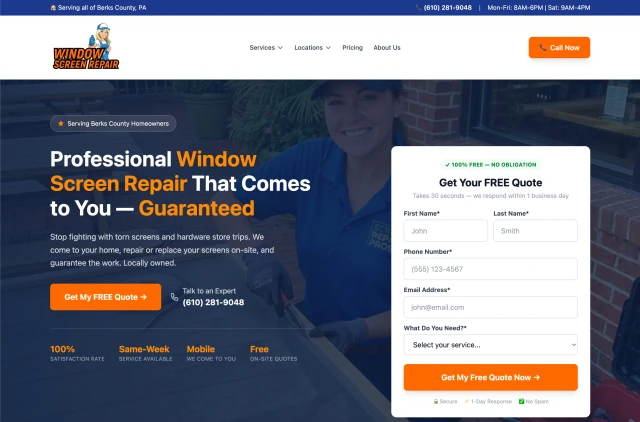 Window screen repair website built by Apaya