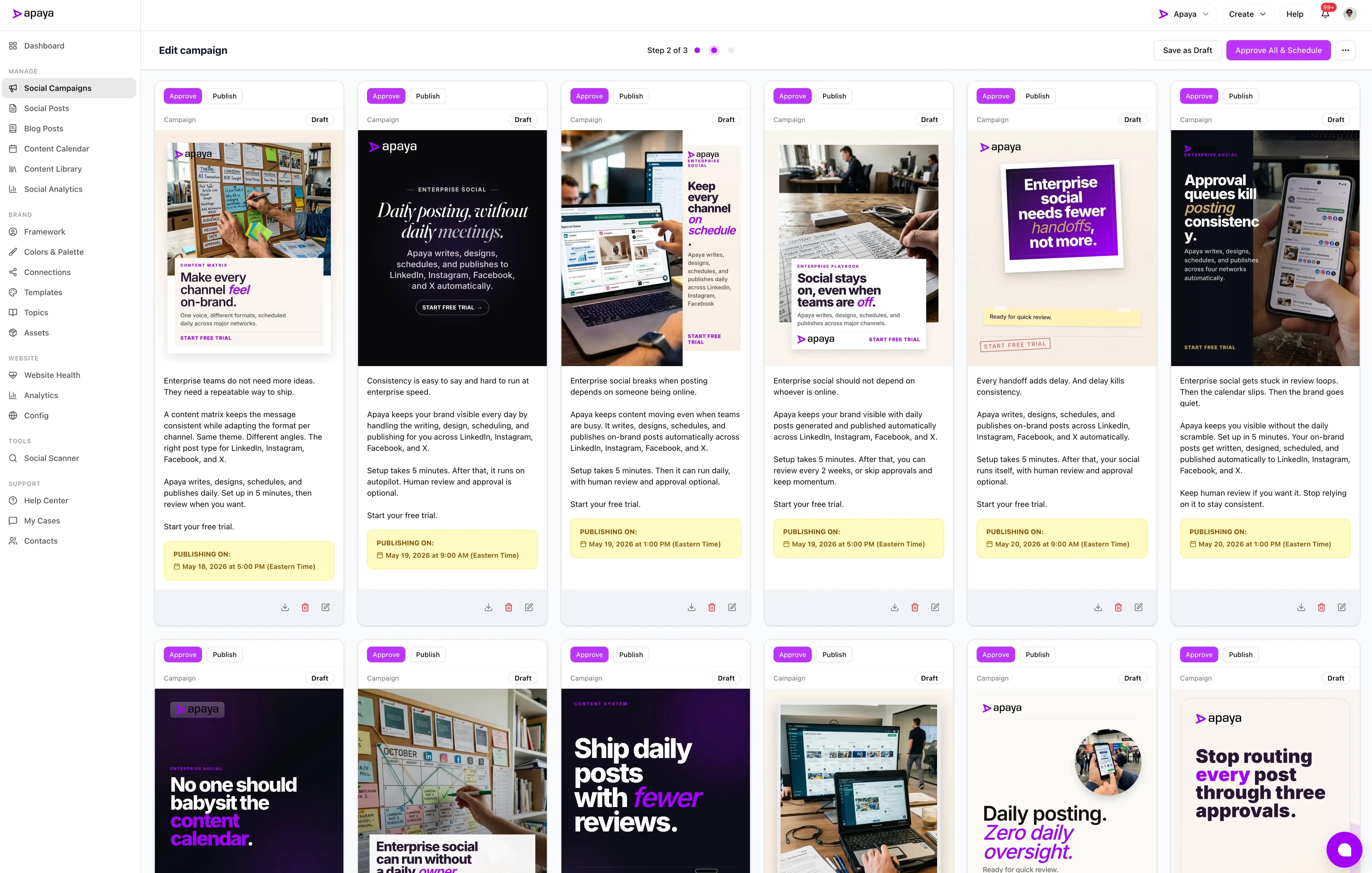 Apaya campaign editor showing AI-generated social posts created from a Brand Framework for review and scheduling