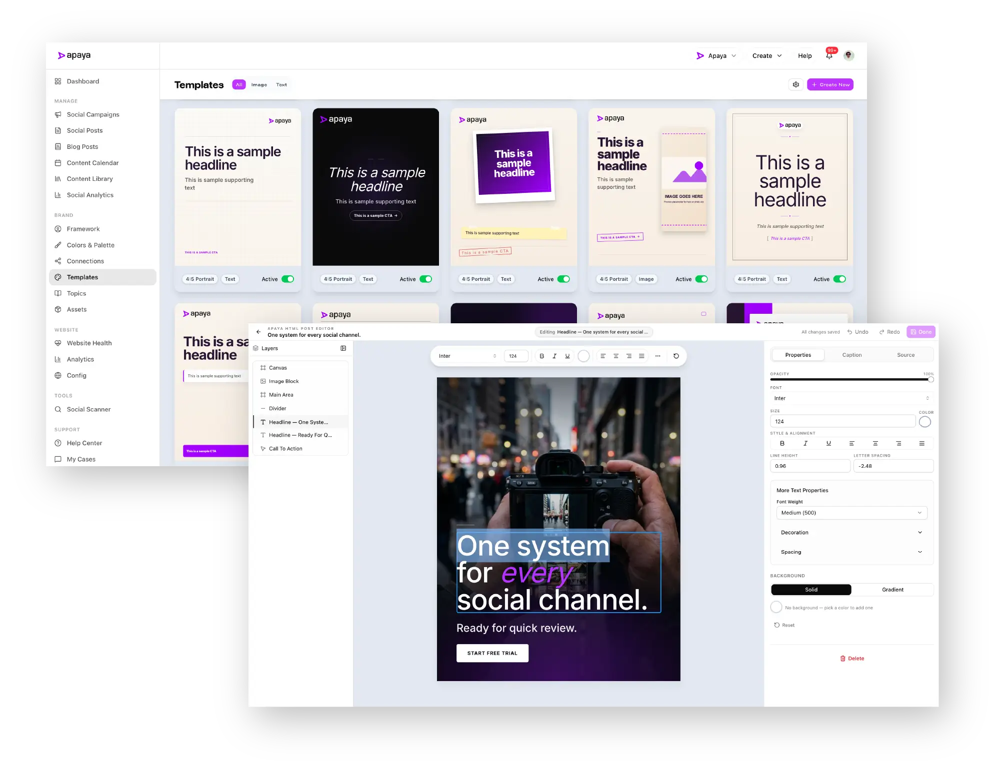 Apaya Creative Template Studio showing a template library and HTML and CSS social post editor