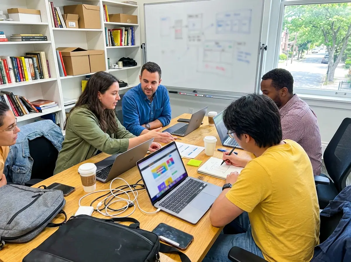 Team collaborating around laptops