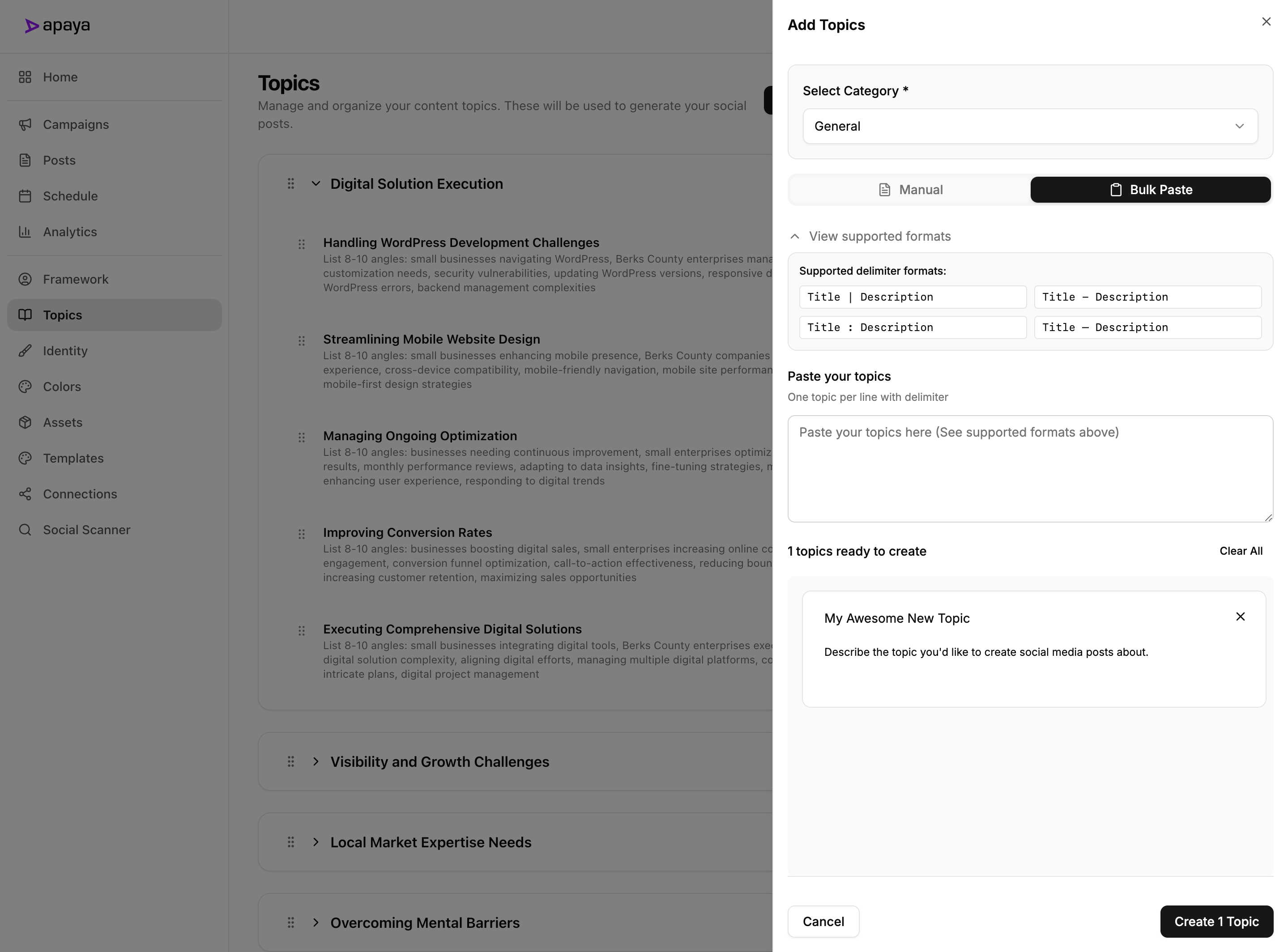 Apaya Bulk Social Media Post Topic Generator