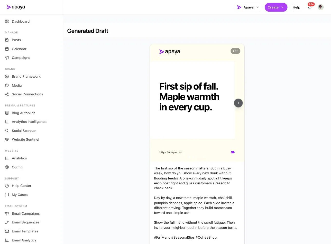 A generated five-slide Apaya carousel, slide 1 of 5 reading "First sip of fall. Maple warmth in every cup," with the full caption below