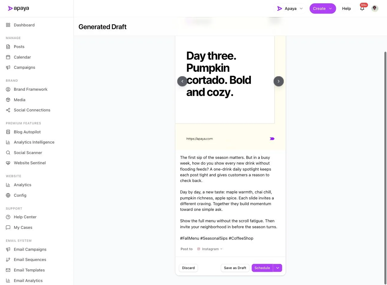 The finished Apaya carousel with its caption, a Post to Instagram badge, and Discard, Save as Draft, and Schedule buttons