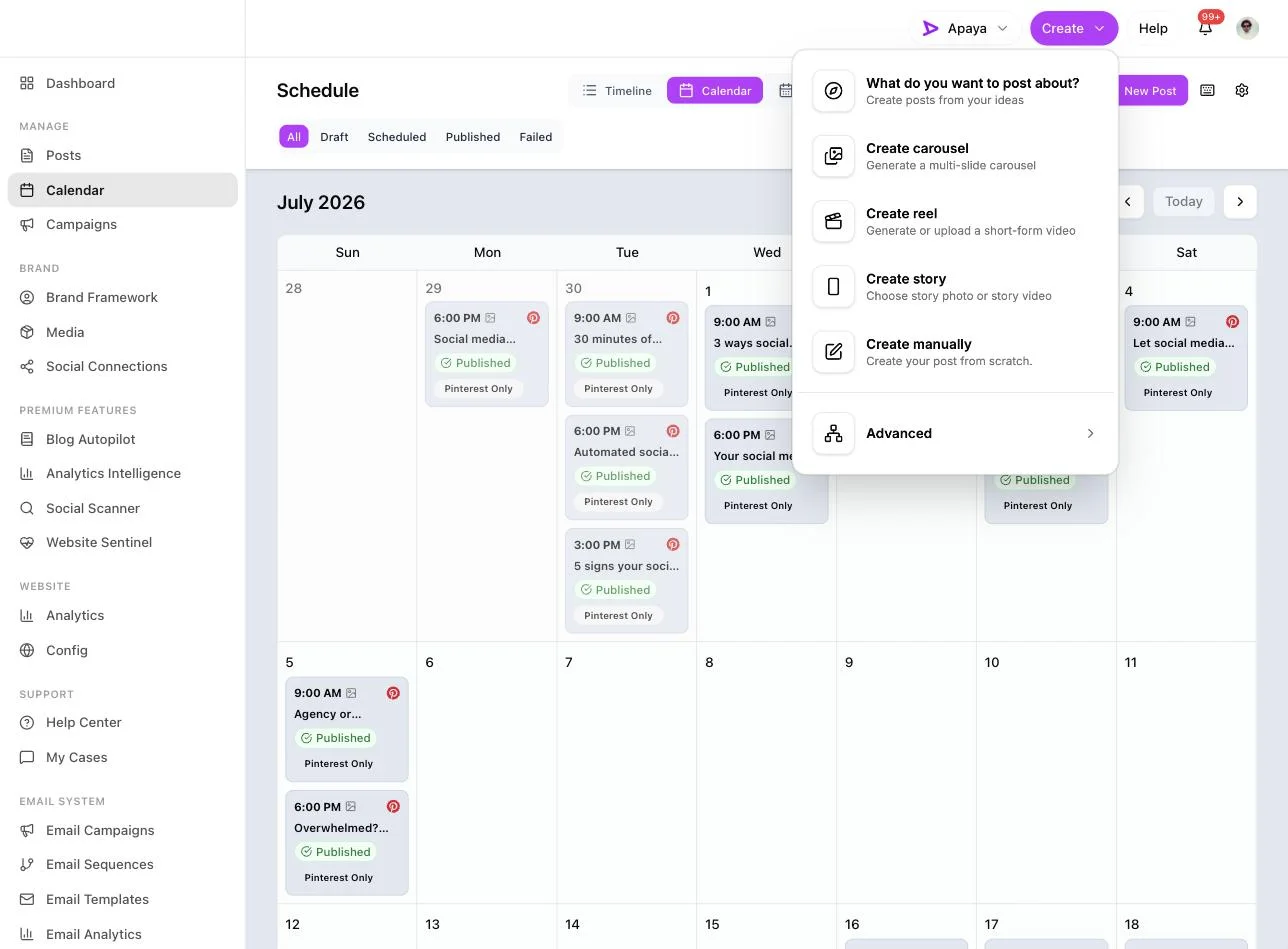 The Apaya create menu with Create carousel listed alongside reel, story, manual, and advanced options