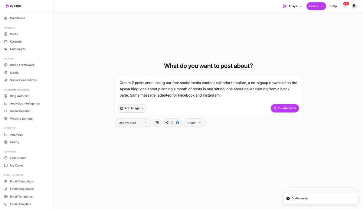 The create screen with both Instagram and Facebook selected for one brief
