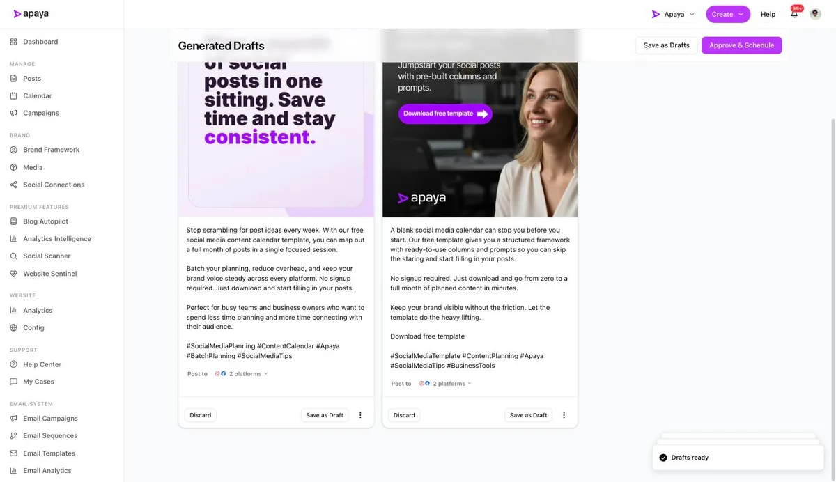Generated drafts tagged for two platforms with per-post review controls