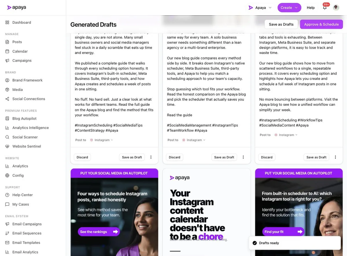 Per-post Discard and Save as Draft controls on the review screen