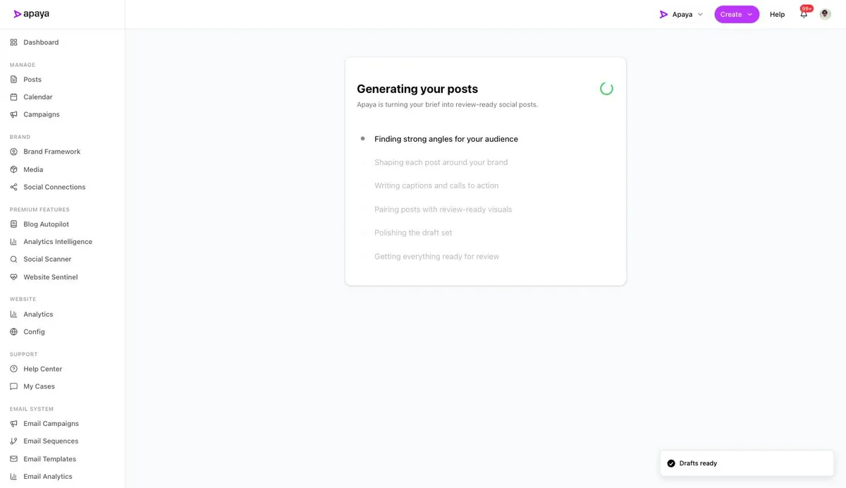 The generating screen with each creation step listed