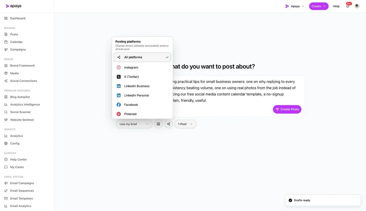 The posting platforms picker with Facebook in the list