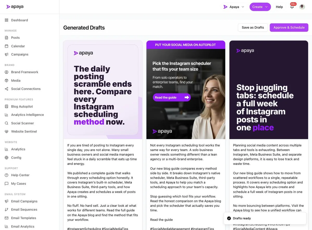 Six generated Instagram drafts with branded graphics and captions