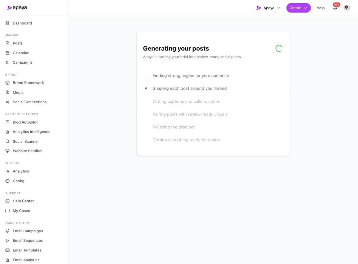 The generating screen showing each step of post creation