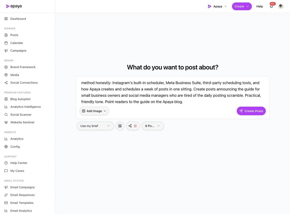 The create screen configured with a brief, Instagram selected, and six posts chosen