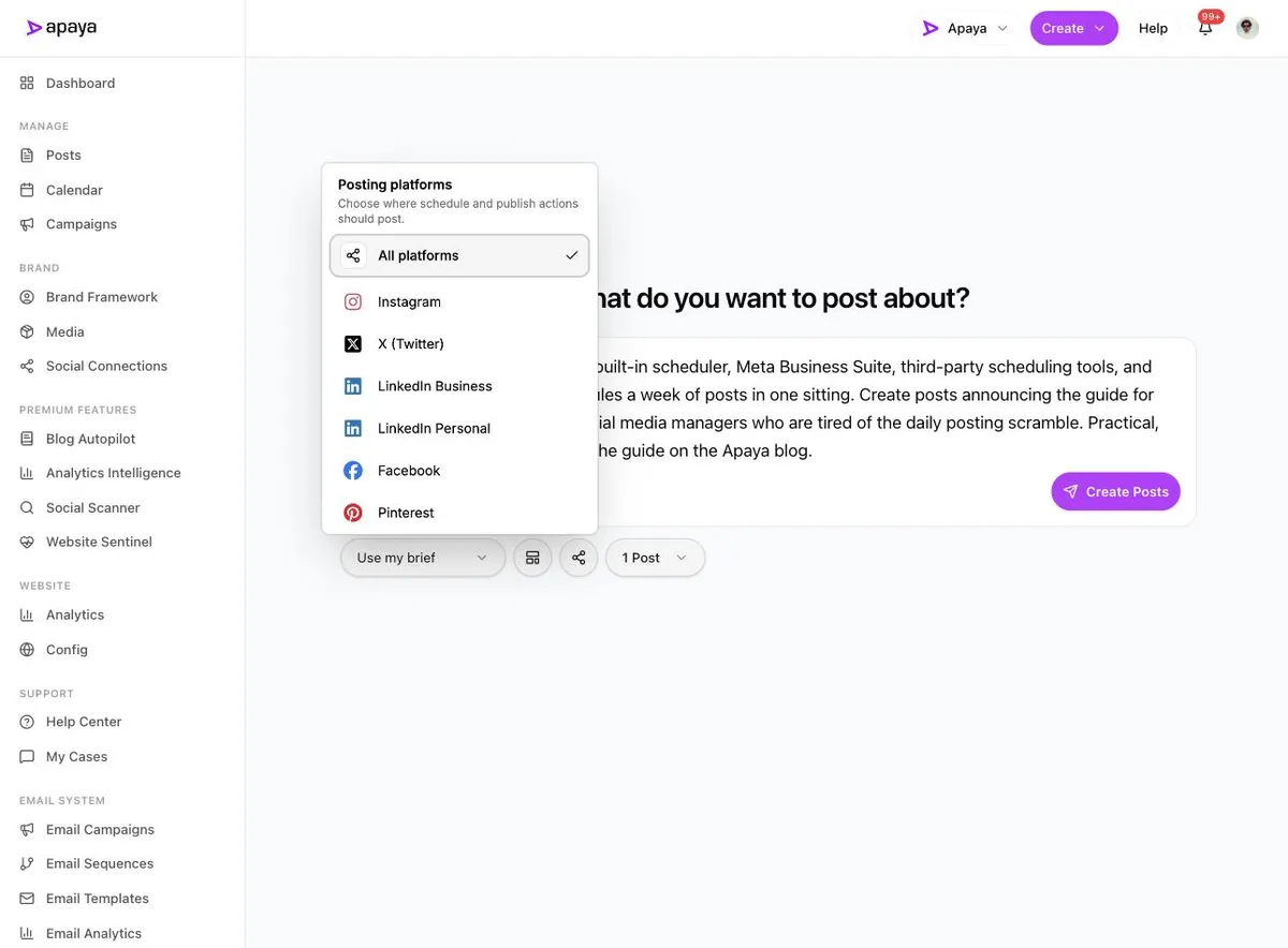 The posting platforms panel with Instagram in the list