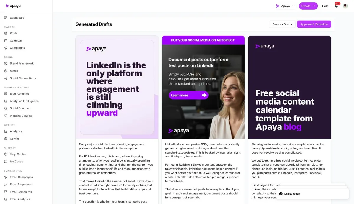 Three generated LinkedIn drafts with branded graphics and captions