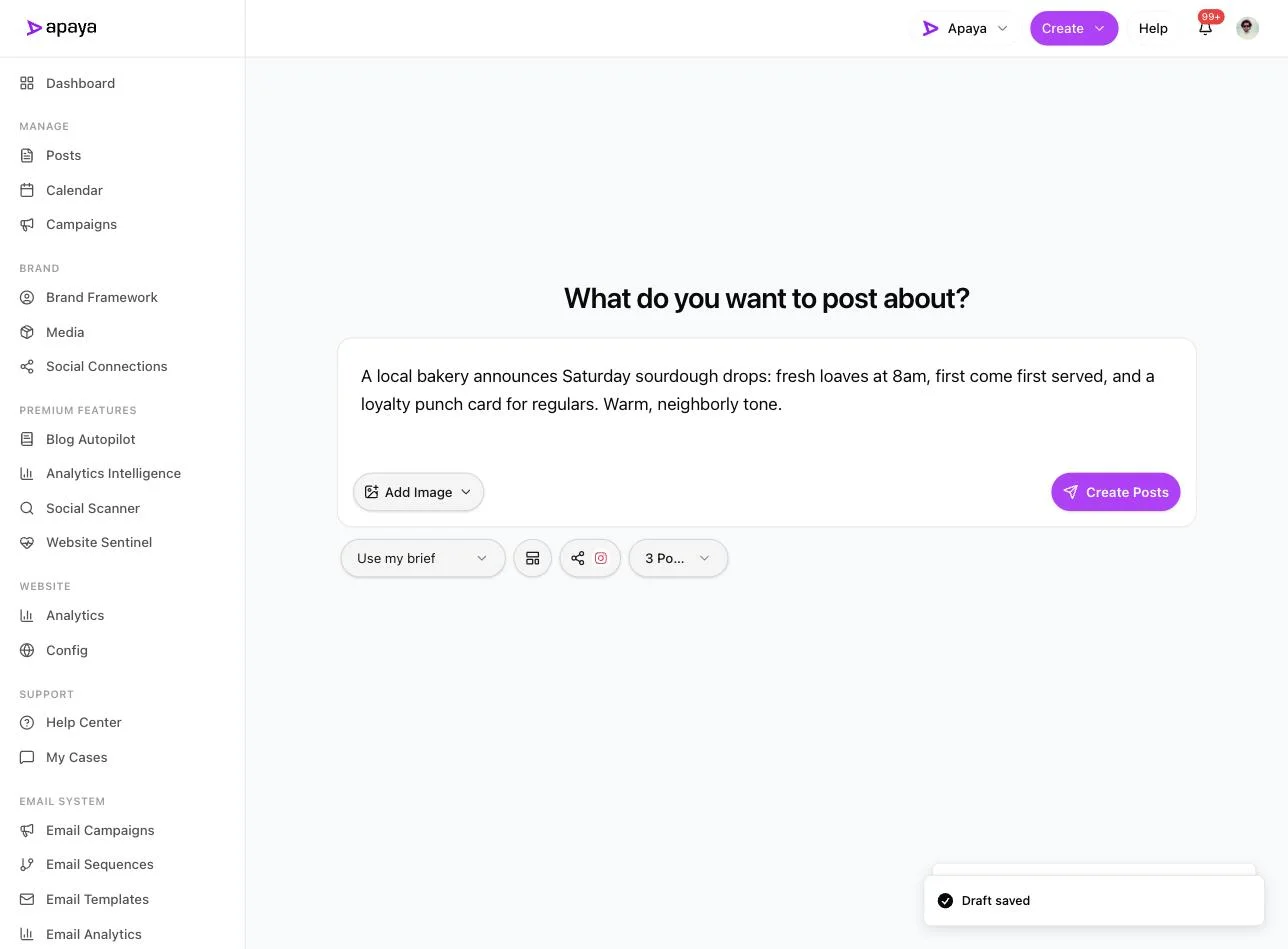 Apaya create composer with a bakery sourdough-drop brief typed in, three posts selected, and Instagram chosen in the platform picker