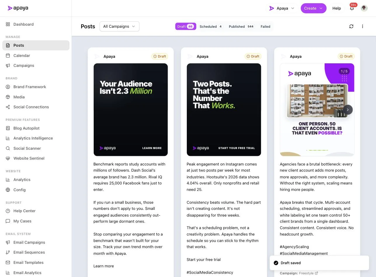 Apaya's Posts library showing Draft 46, Scheduled 4, and Published 544 tabs, with draft posts and their generated designs and captions