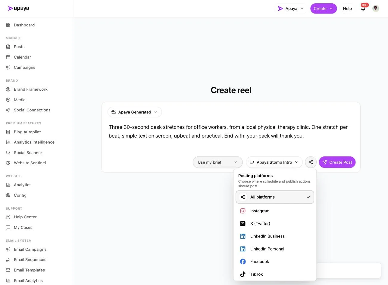 Apaya reel composer with a brief typed in and the posting-platforms picker open, showing Instagram, X, LinkedIn Business, LinkedIn Personal, Facebook, and TikTok