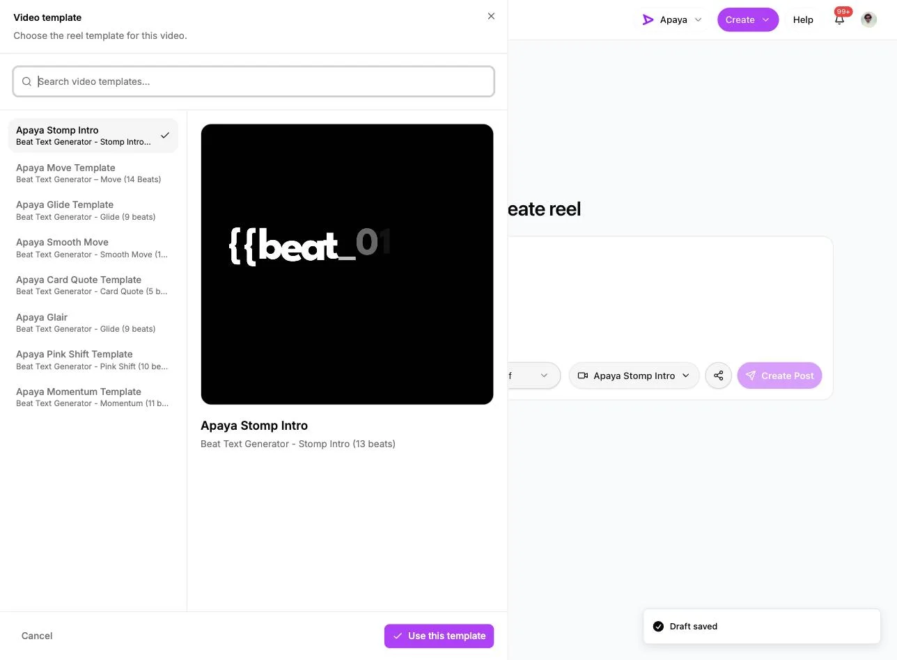 The Apaya reel template picker showing beat-synced templates including Stomp Intro at 13 beats, Move at 14 beats, Glide at 9 beats, and Card Quote at 5 beats