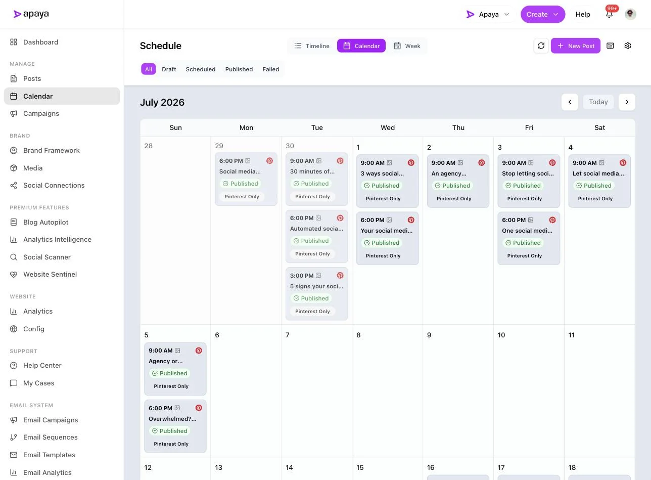 Apaya month calendar for July 2026 showing published posts on their days