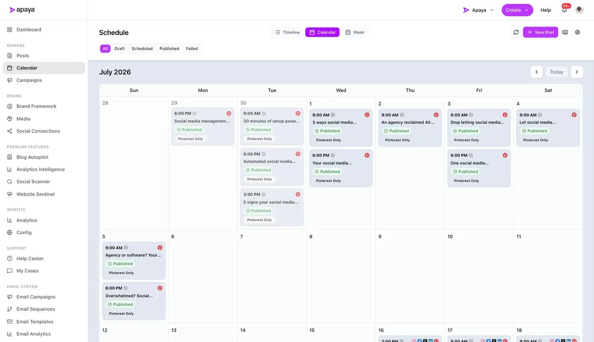 The content calendar inside Apaya, filled with created and published posts