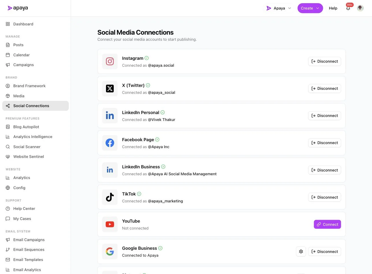 Apaya Social Connections page with a Facebook Page connected