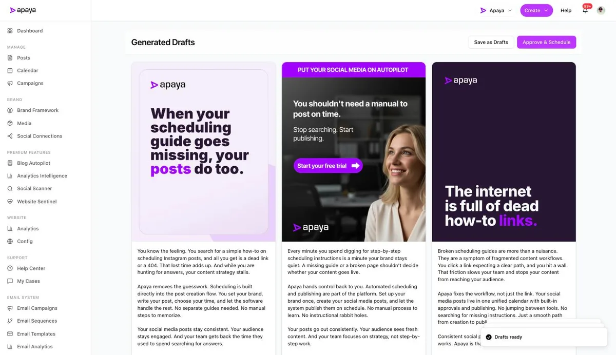 Three finished drafts generated from the pasted URL, with review controls