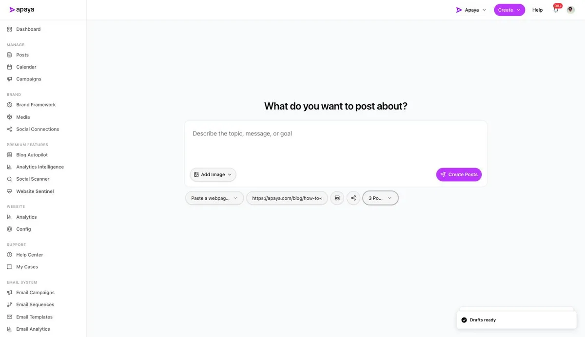 A pasted URL in the create screen with three posts selected