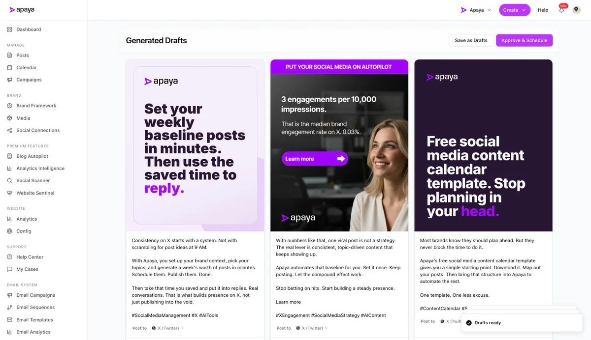 Three generated X drafts with branded graphics and captions