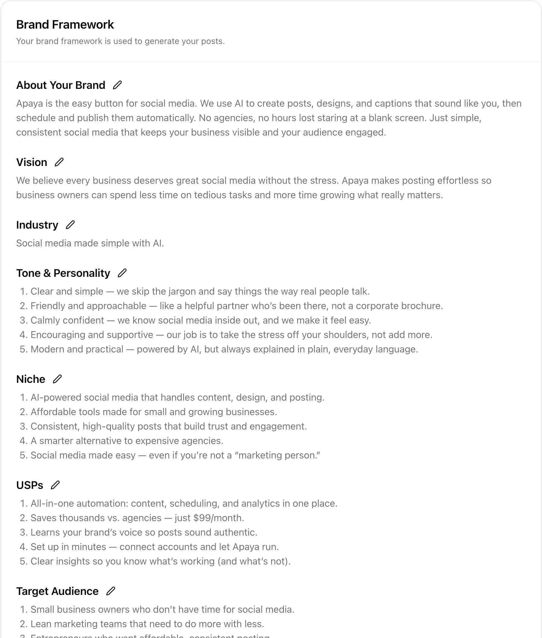 Apaya's Brand Framework dashboard learns your brand voice automatically