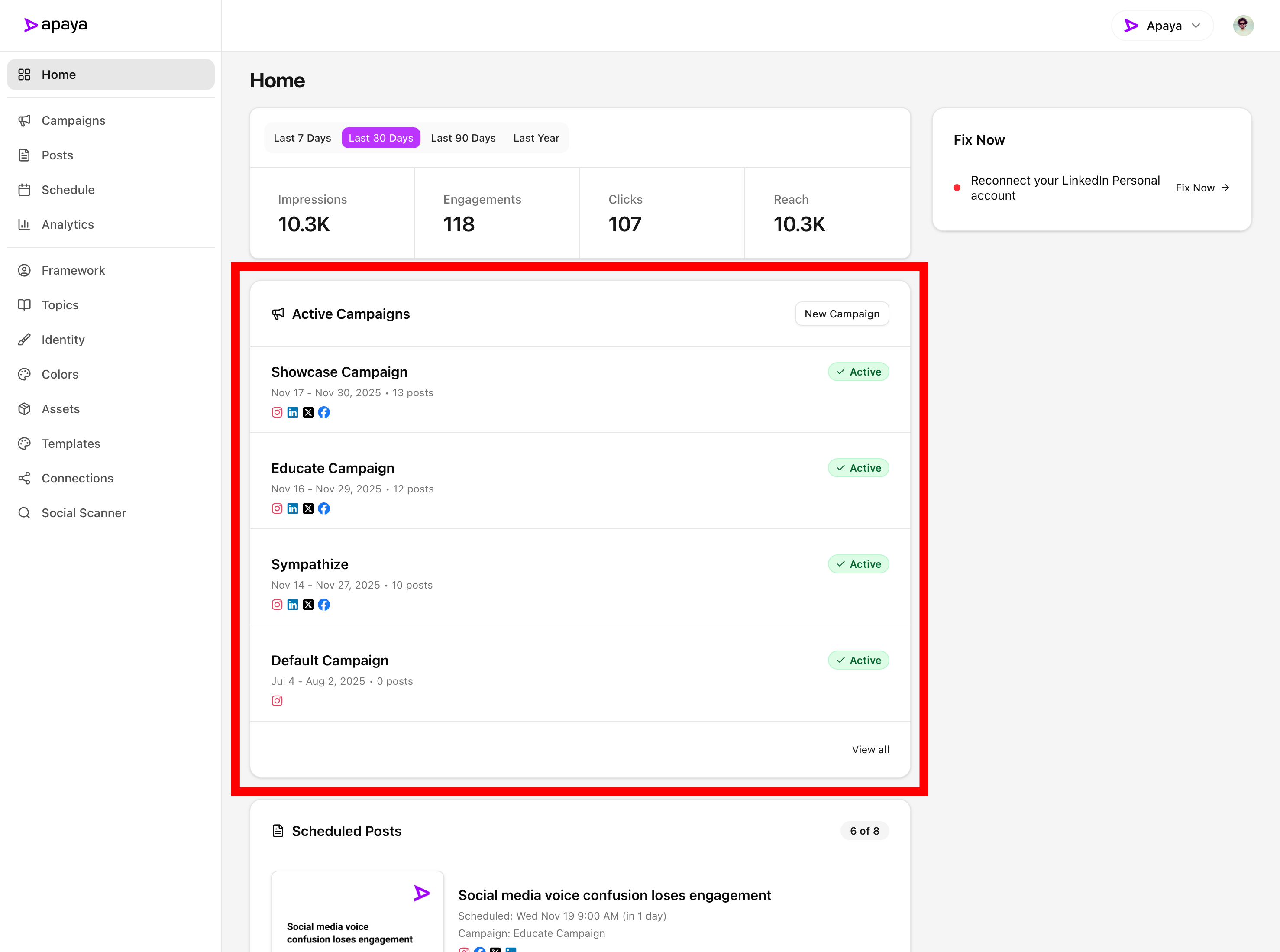 Apaya Dashboard Active Campaigns